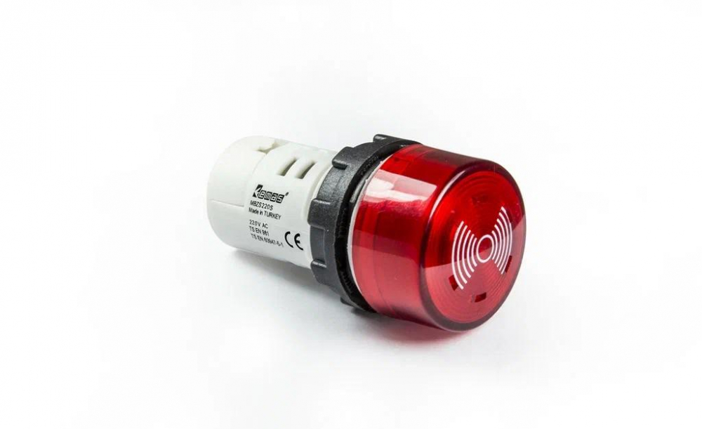 Зуммер моноблочный, красный цвет, с подсветкой светодиодом, 90 db, серия MB, 220В AC, IP50