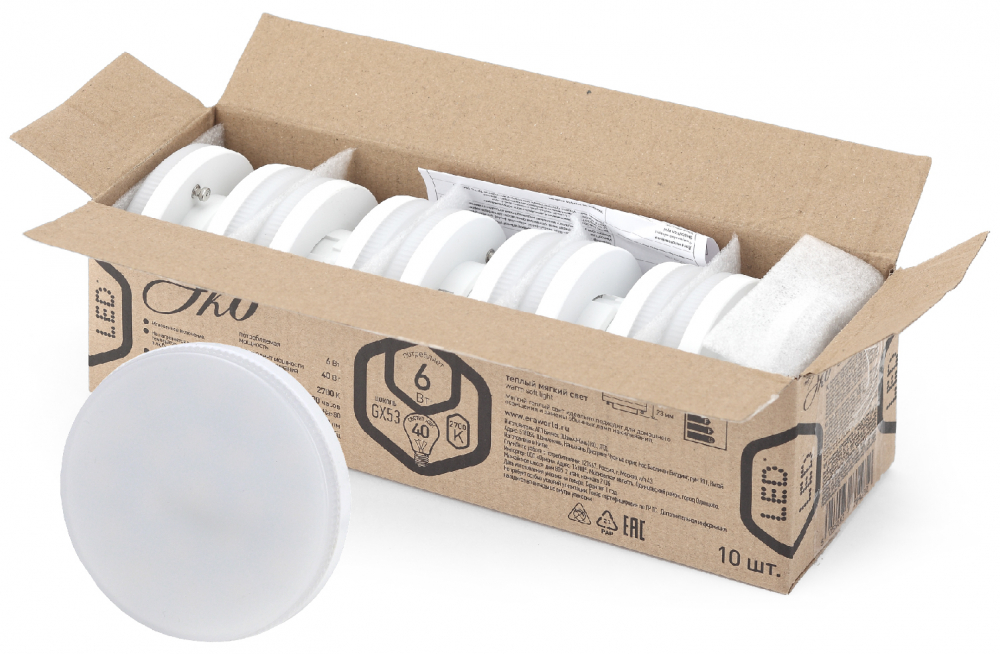 Лампа светодиодная LED 6 Вт 480Лм 2700К таблетка (GX53) теплый GX53 220-240В ECO LED GX-6W-827-GX53 (10-PACK) Red Line