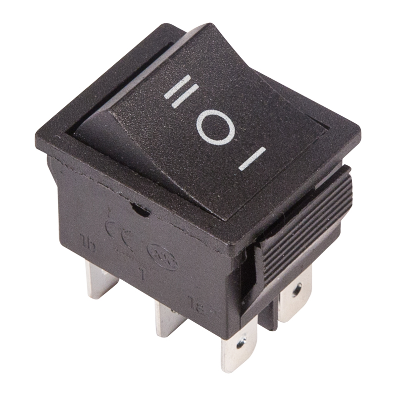 Выключатель клавишный 250V 15А (6c) ON-OFF-ON черный с нейтралью