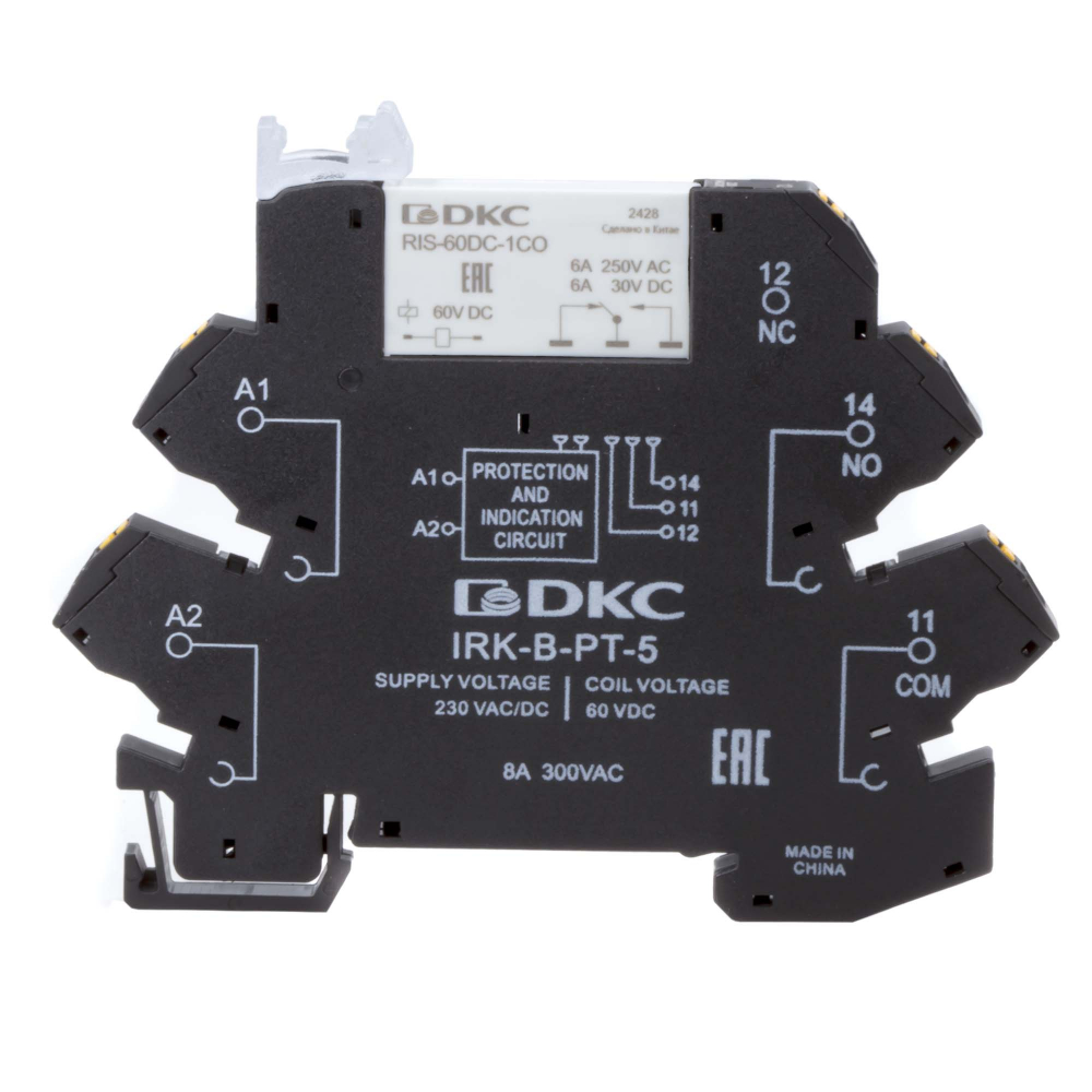 Реле интерфейсное, 1CO, ком. ток 6А, AgSnO2, напряжение 230V AC/DC, push-in клеммы.