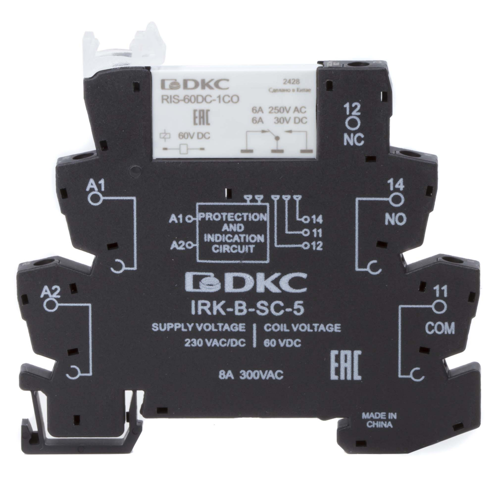 Реле интерфейсное, 1CO, ком. ток 6А, AgSnO2, напряжение 230V AC/DC, винтовые клеммы.